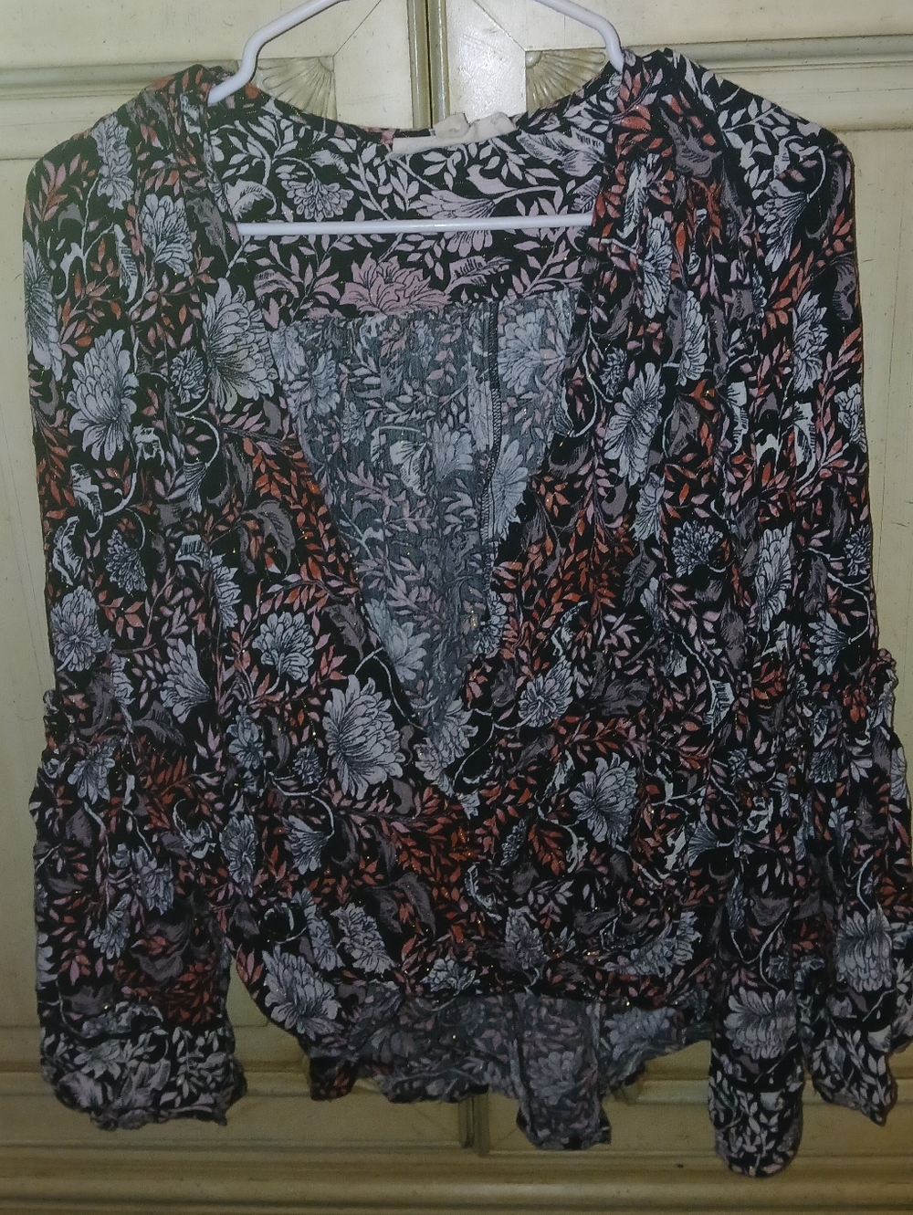 lovestitch Black Floral Wrap Blouse with Pink and Rust Accents